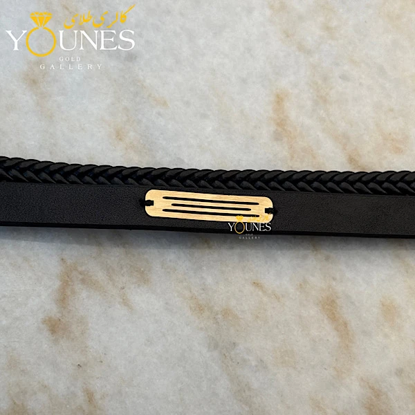 دستبند طلا مردانه چرم گیس بافت مشکی مات